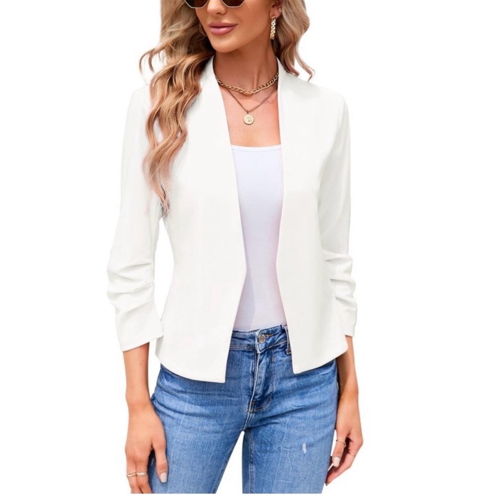 Women's White 3/4 Sleeve Open Front Blazer - M